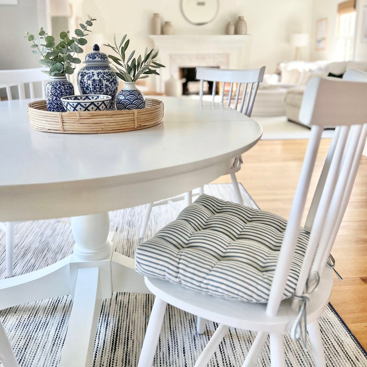 Ticking Stripe Navy Blue Dining Chair Pads - Made in USA - 100% Cotton - Machine Washable