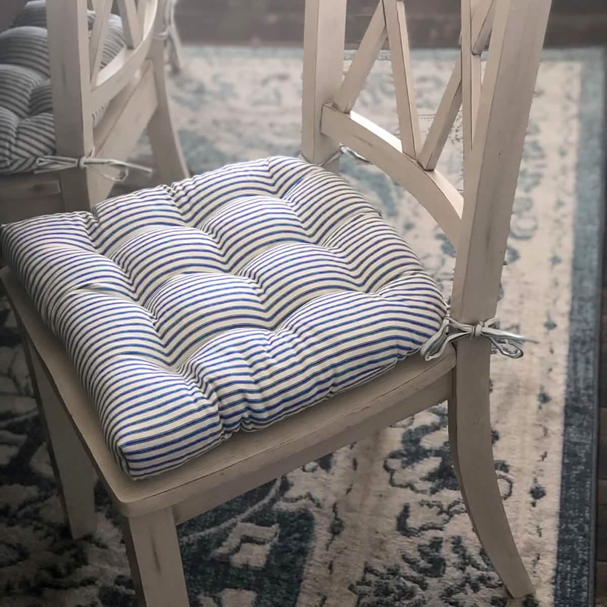 Ticking Stripe Navy Blue Dining Chair Pads - Made in USA - 100% Cotton - Machine Washable