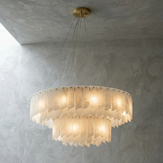 Lampadario a cascata in alabastro e ottone a più livelli
