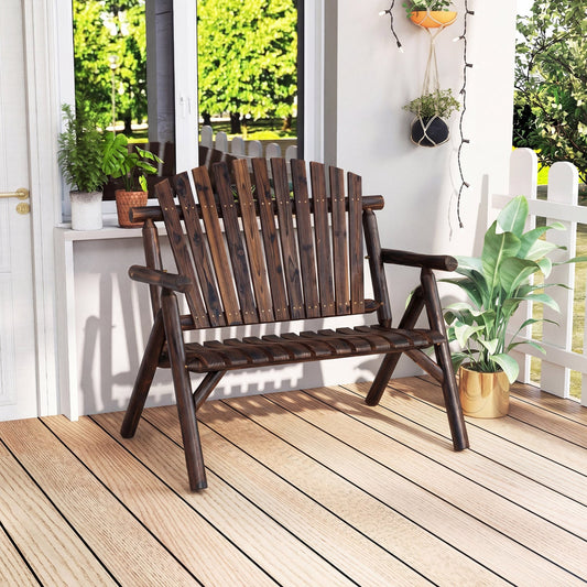 Banc de patio 2 places en bois rond avec dossier à lattes