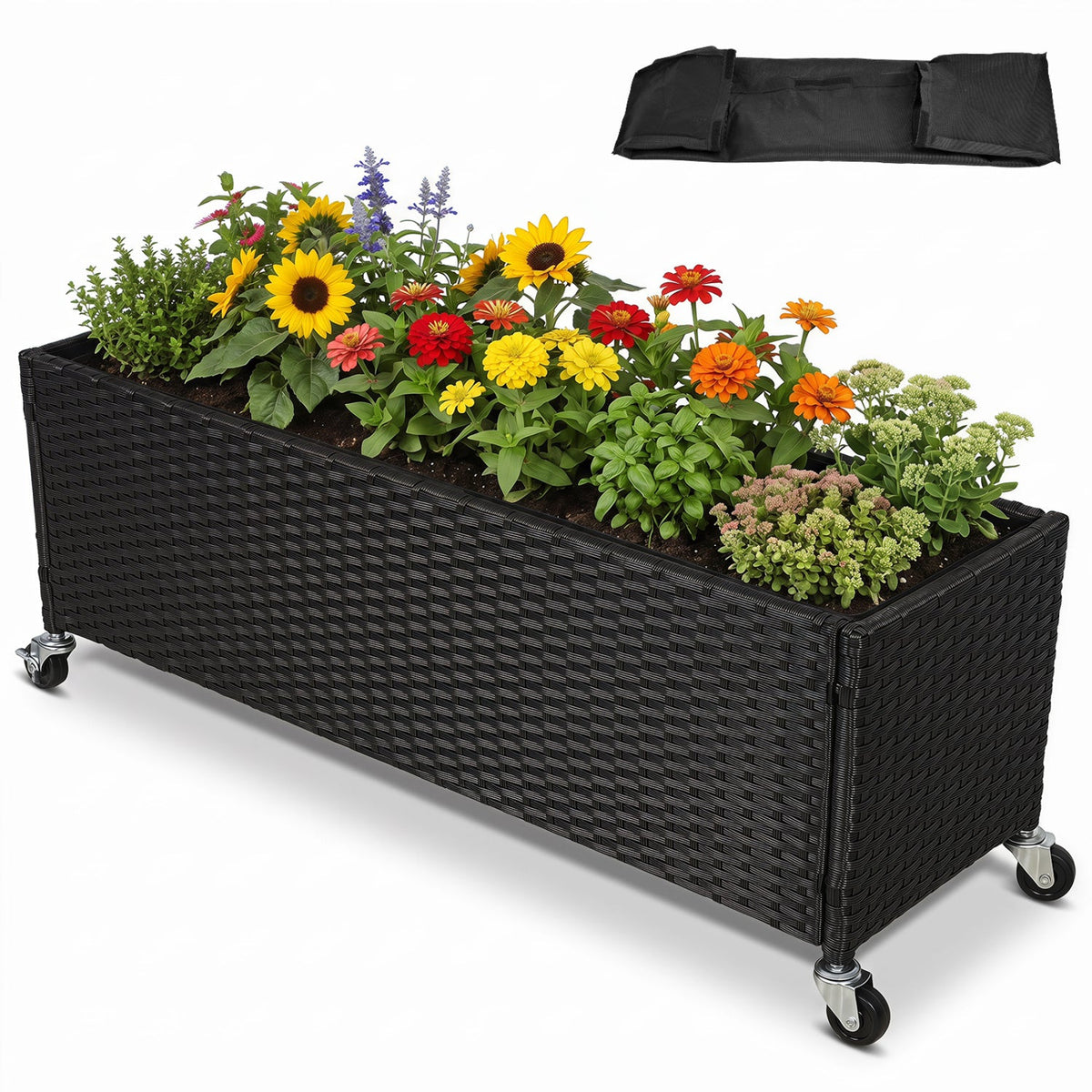 Jardinière surélevée à roulettes - Bac à plantes en rotin PE