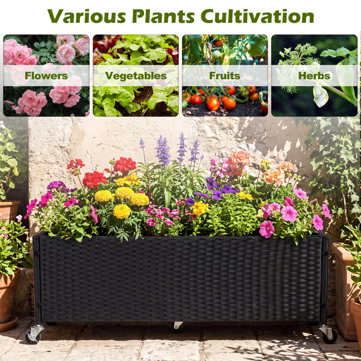 Jardinière surélevée à roulettes - Bac à plantes en rotin PE