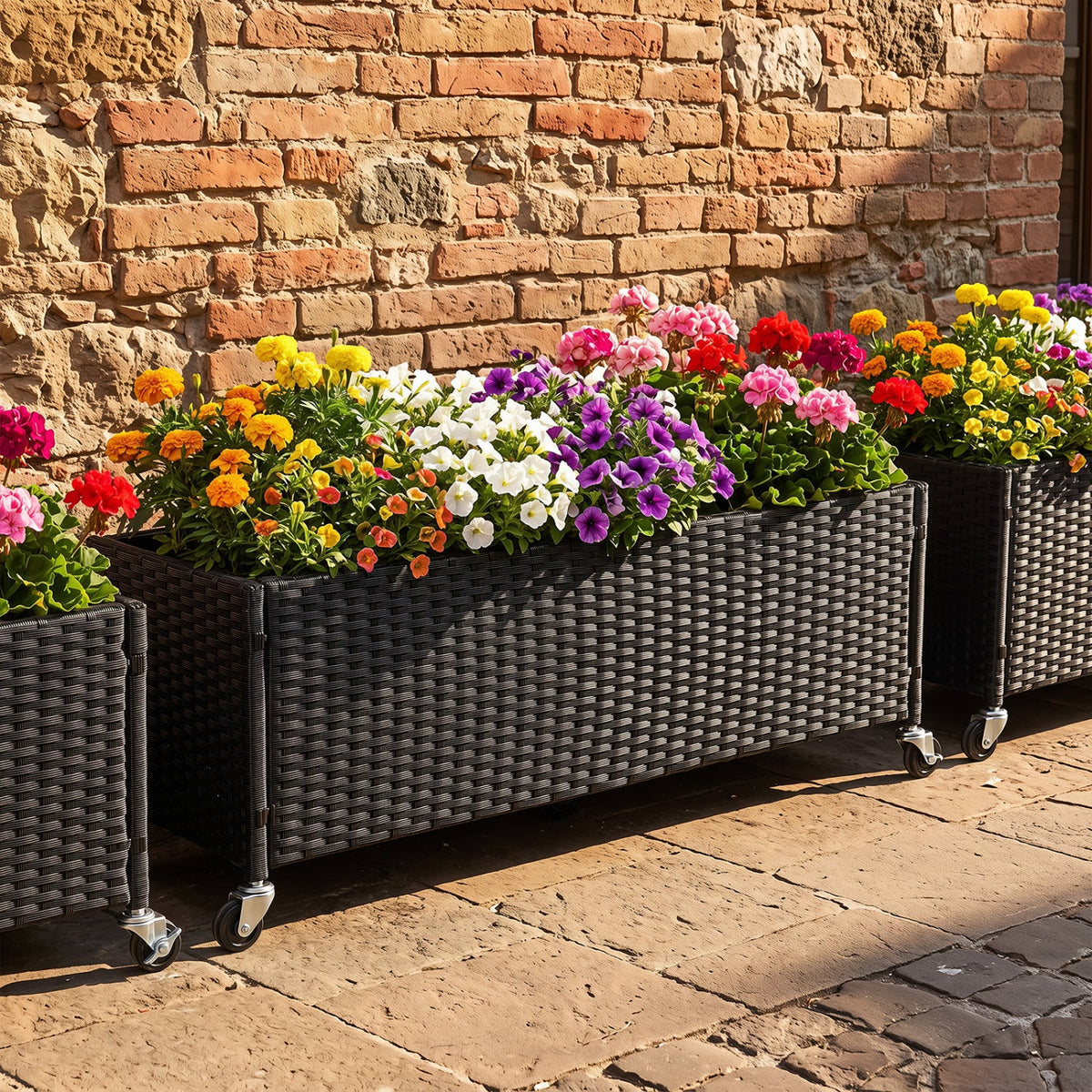 Jardinière surélevée à roulettes - Bac à plantes en rotin PE