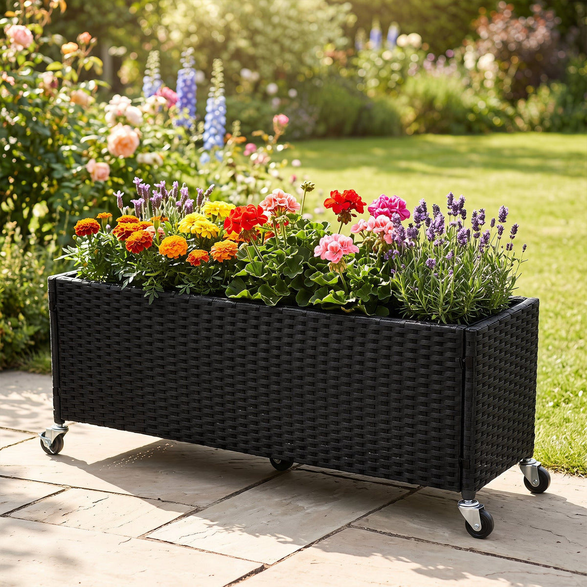 Jardinière surélevée à roulettes - Bac à plantes en rotin PE