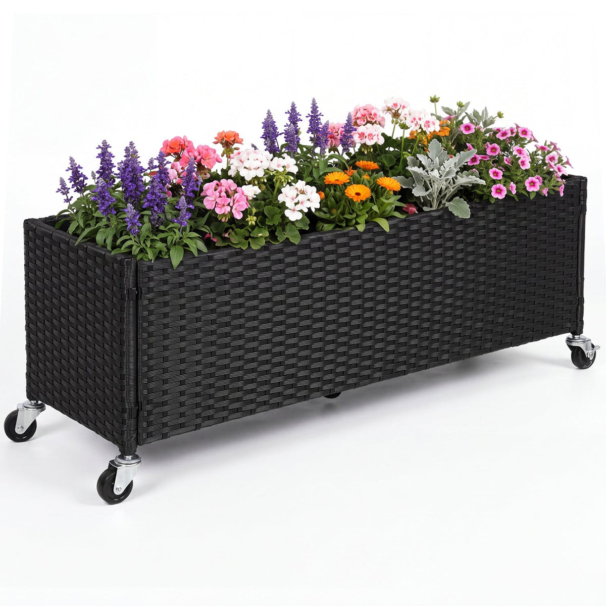 Jardinière surélevée à roulettes - Bac à plantes en rotin PE