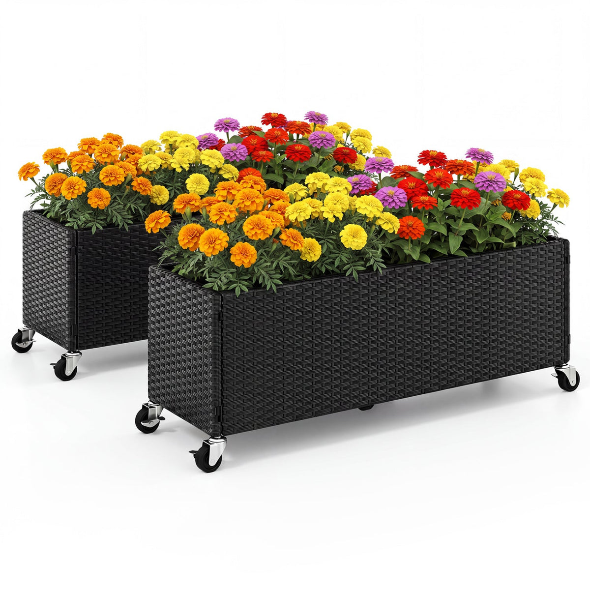 Ensemble de 2 bacs de jardinage surélevés avec roulettes et rotin PE