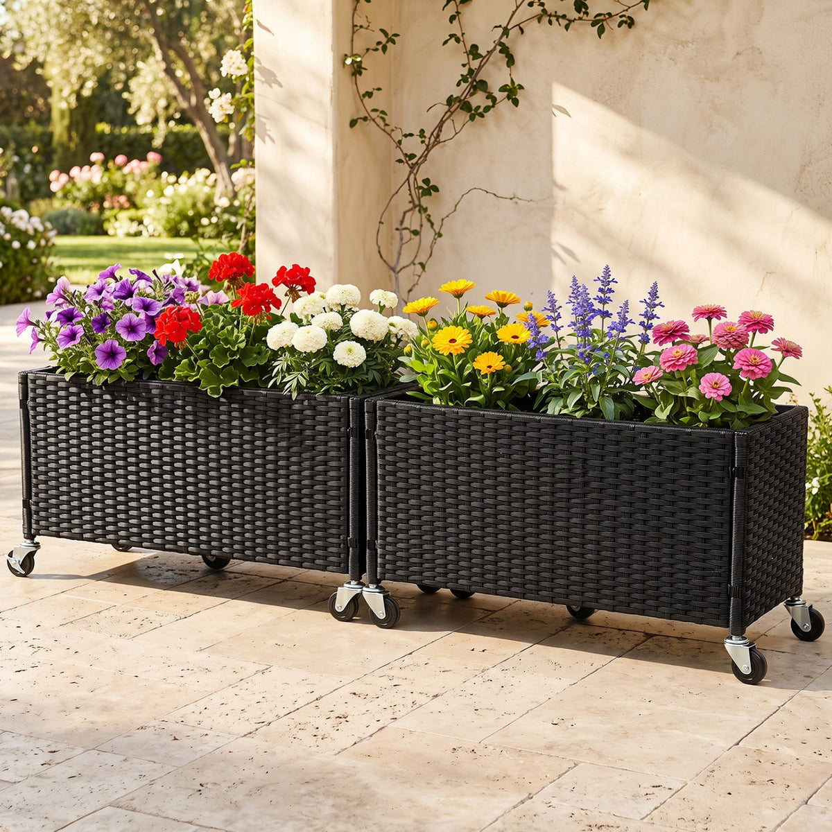 Ensemble de 2 bacs de jardinage surélevés avec roulettes et rotin PE