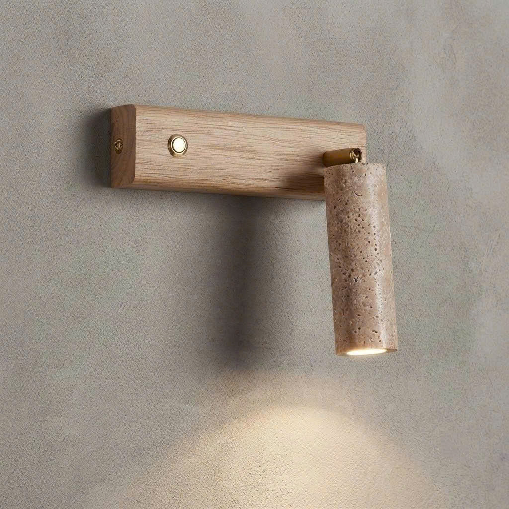 Minimalist Stone & Wooden Cylinder Wall Lamp | Modern Directional Reading Sconce