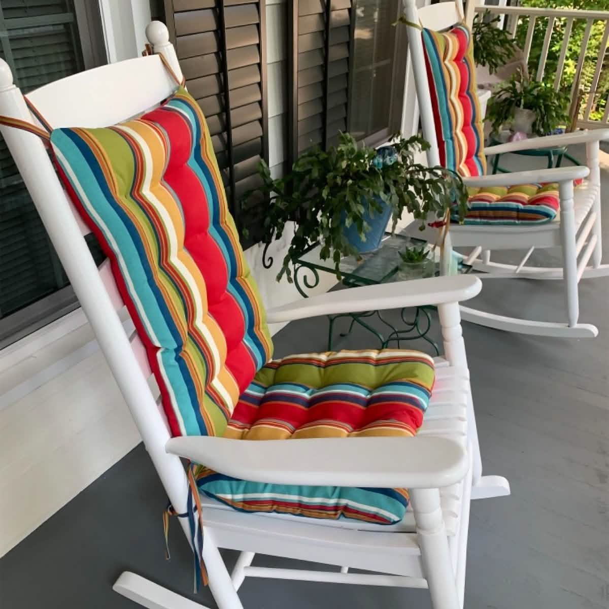 Westport Cabana Stripe Red Porch Rocker Cushions - Latex Foam Fill - Reversible