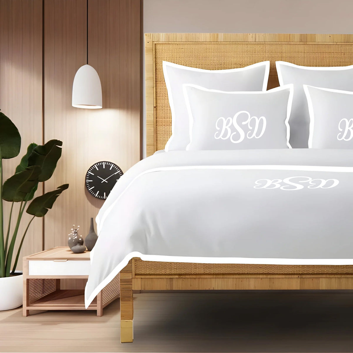 Parure de lit avec housse de couette à cadre bordé, en satin de coton 400 fils au pouce carré avec monogramme