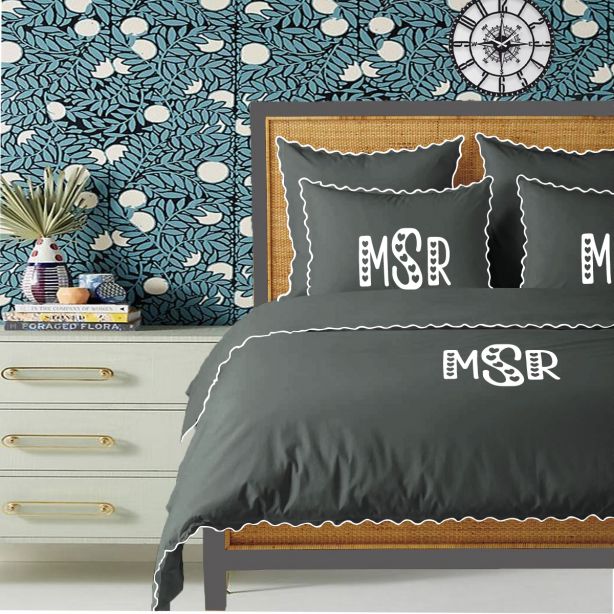Parure de couette Monogram gris foncé, 400 fils, coton avec broderie à petites feston