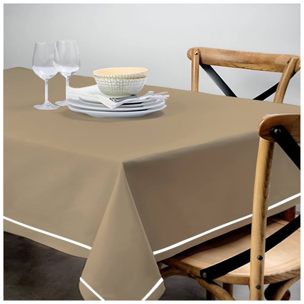 Nappe unie en satin de coton avec bordure brodée simple - Taupe