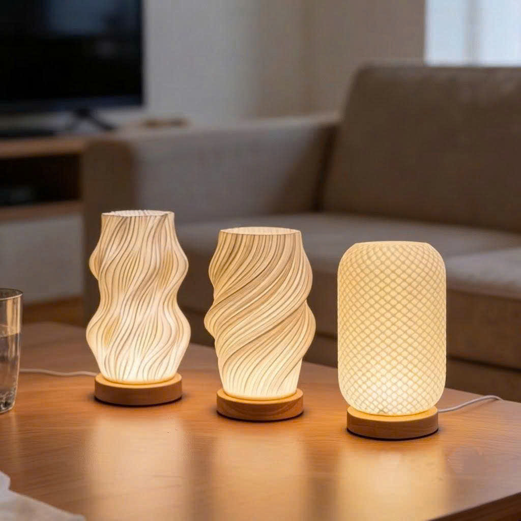 Tri-Color LED Textured Table Lamp | Wood & ABS Minimalist Desk Light