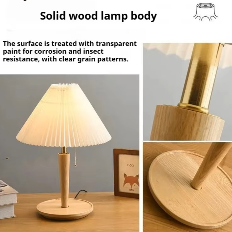 Pleated Fabric Shade & Wood Table Lamp | Vintage Brass Desk Light