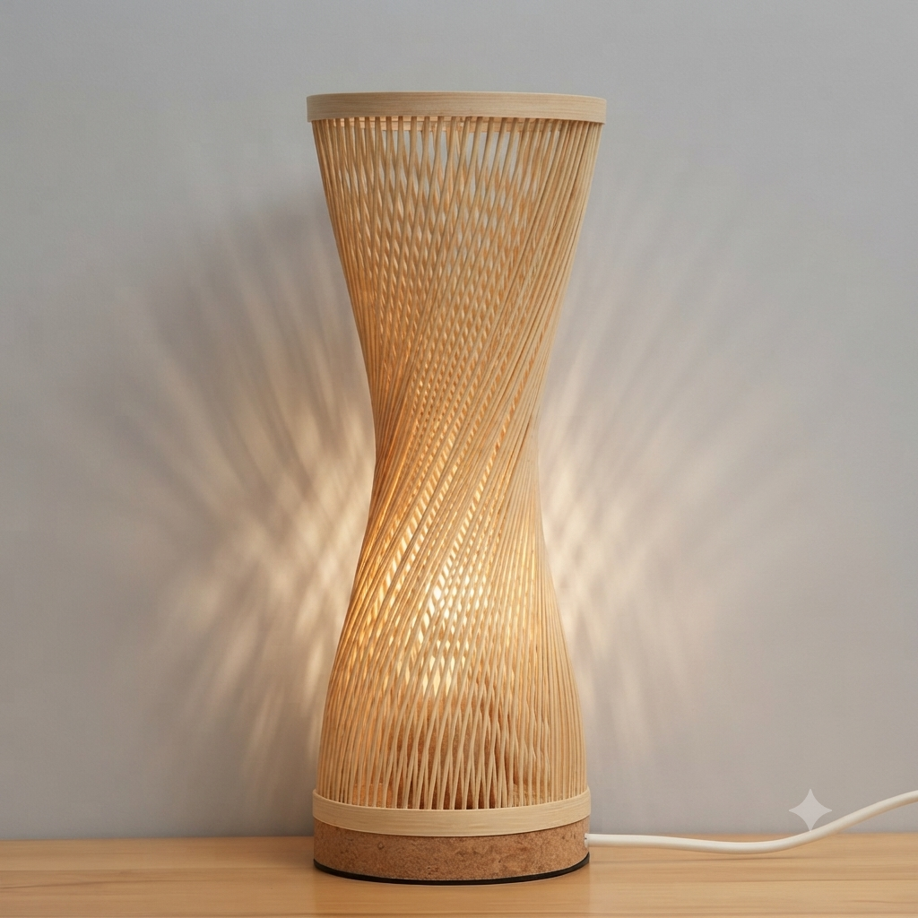 Handcrafted Bamboo Hourglass Table Lamp | Spiral Woven Accent Desk Light