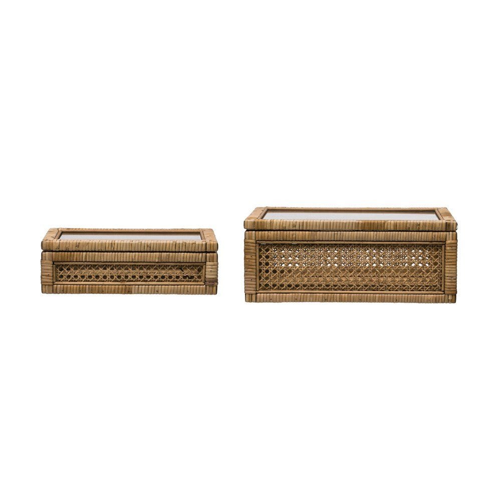 Boîtes de présentation en rotin tressé et bois avec couvercle en verre, ensemble de 2