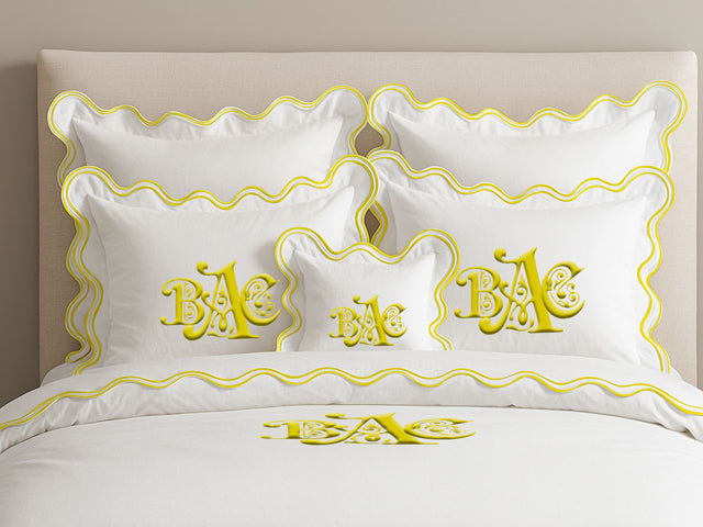Housse de couette luxueuse en coton à monogramme et double feston