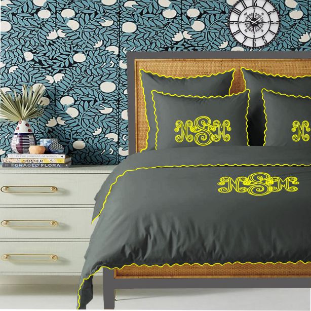 Parure de couette Monogram gris foncé, 400 fils, coton avec broderie à petites feston
