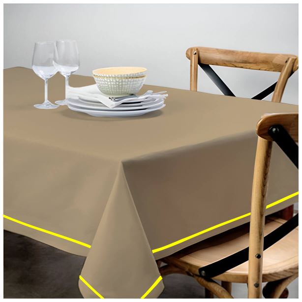Nappe unie en satin de coton avec bordure brodée simple - Taupe