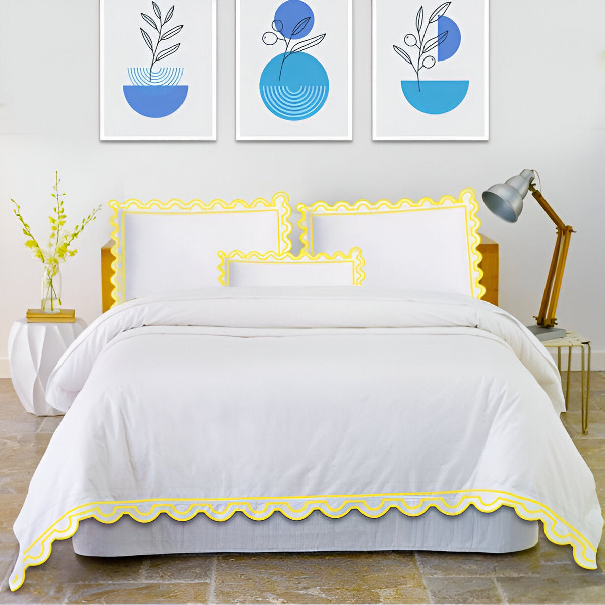 Parure de lit en coton, 400 fils, forme en U avec broderies festonnées