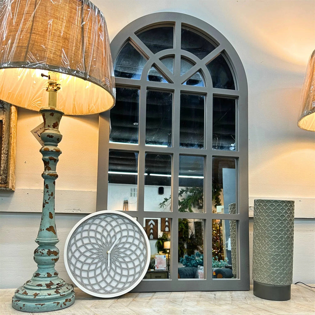 Elegant Large Grey Wooden Window Pane Arch Wall Mirror