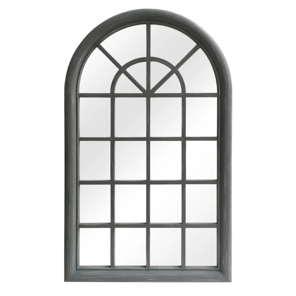 Elegant Large Grey Wooden Window Pane Arch Wall Mirror