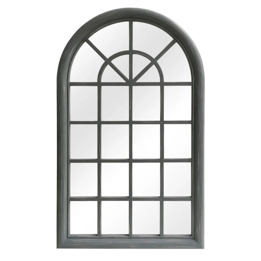Elegant Large Grey Wooden Window Pane Arch Wall Mirror