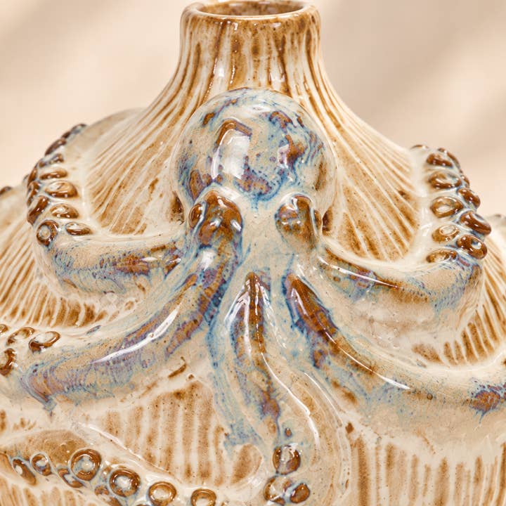Small Cream & Ocean Blue Octopus Ceramic Vase