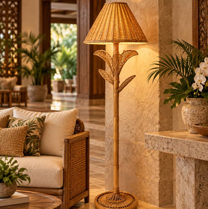 Tropical Wicker Palm Floor Lamp