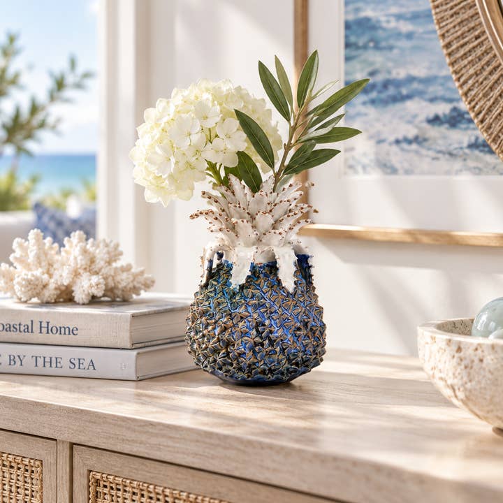 Medium Blue & White Pineapple Ceramic Vase