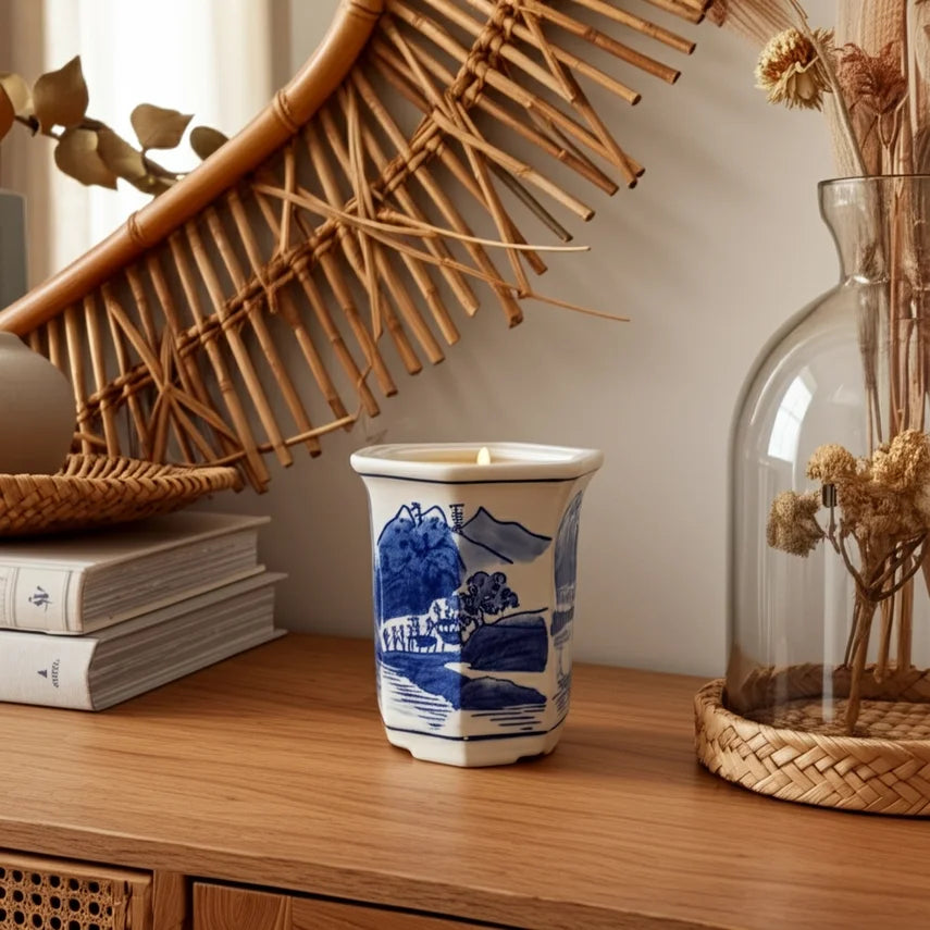 Ceramic Sage and Eucalyptus Chinoiserie Candle - Blue (6 oz)