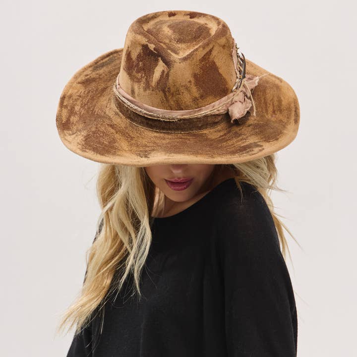 Rustic Cowgirl Feather and Band Fedora Hat MH0235 Hana Brown 58.4 cm