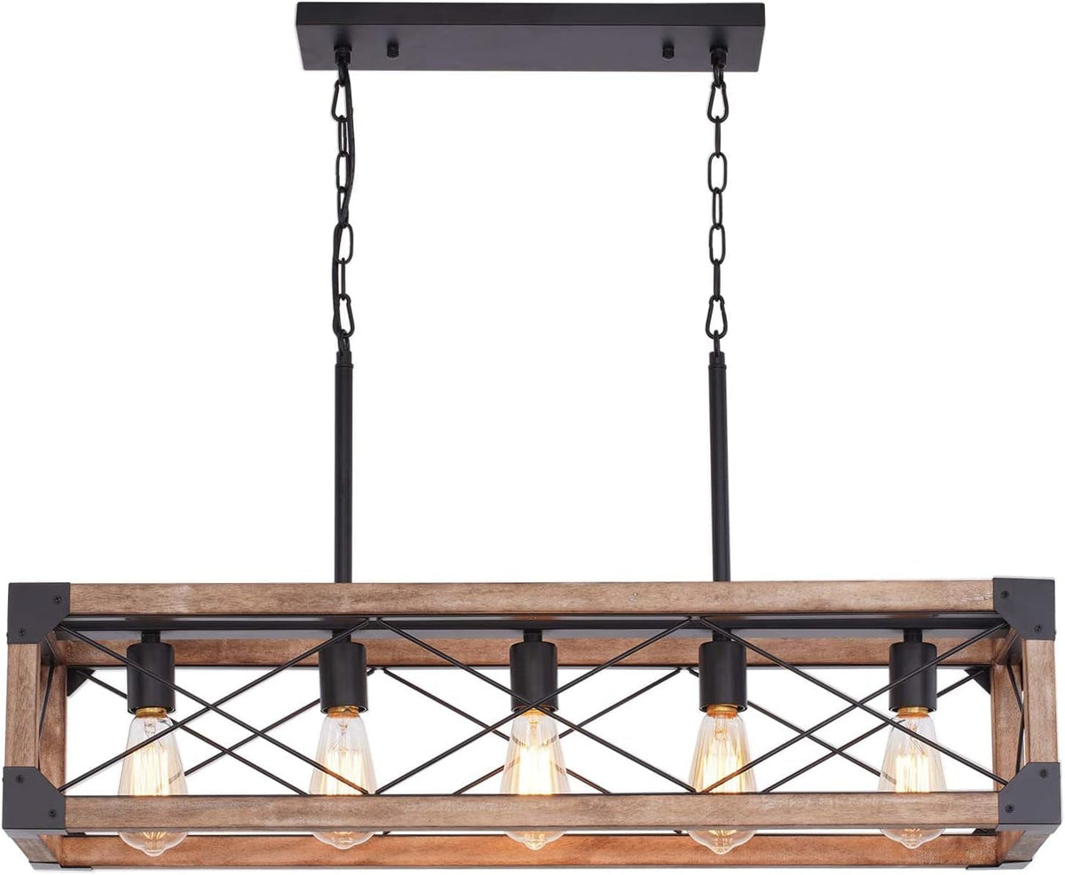 Farmhouse 5-Light Linear Chandelier with Solid Wood