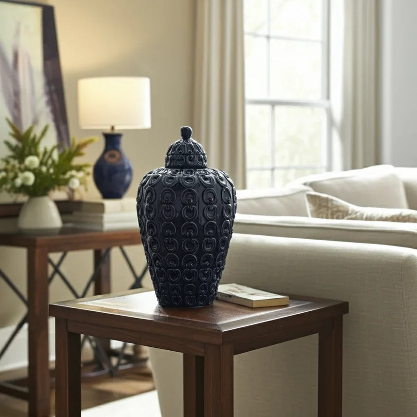 Blue Ceramic Chain-Textured Decorative Jar with Lid – 12"