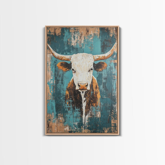 Vintage Longhorn, Rustic Wall Art, Teal Wall Art, Farmhouse Art, Canvas Print, Southwest Wall Art, Gift Idea, Country Home Decor