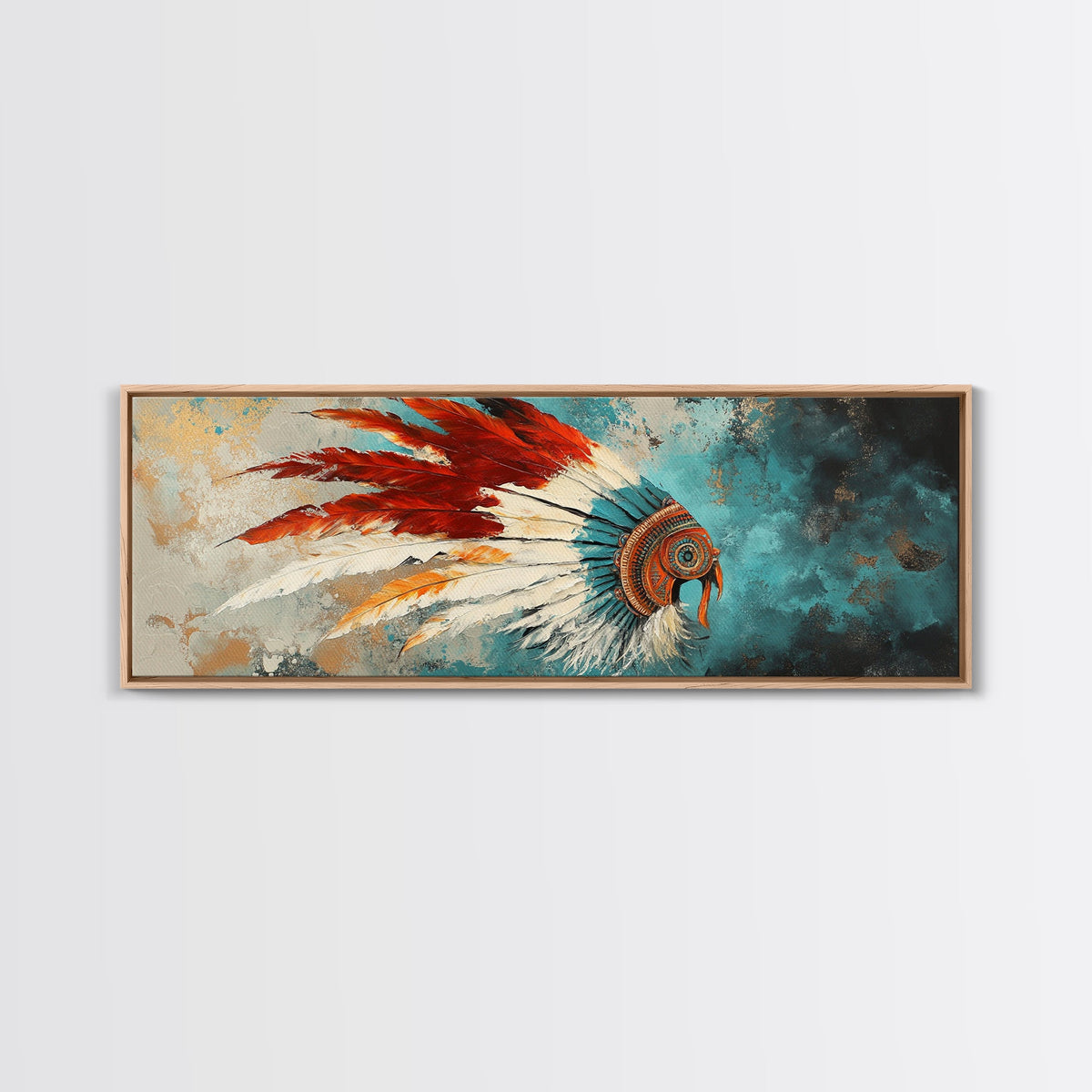 Native American Headdress, modern portrait, southwest wall art, moody art, framed canvas print, gift idea for her