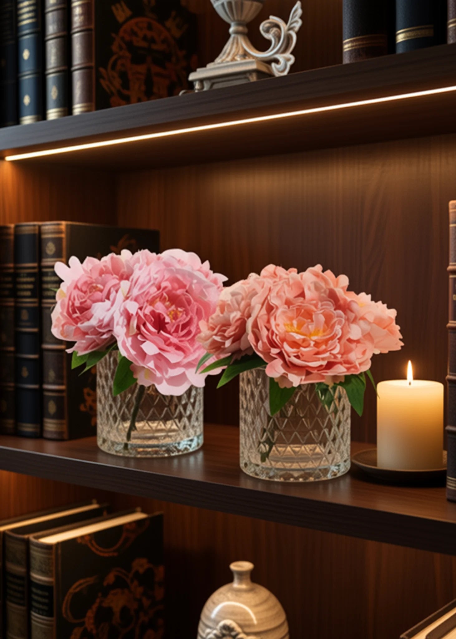 Blush & Peach Peony Floral Arrangements in Textured Glass Vases – Set of 2