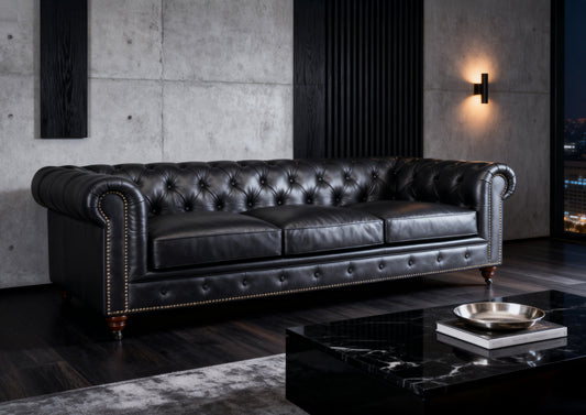 Canapé Chesterfield Belgravia en cuir pleine fleur capitonné – L'élégance classique rencontre le confort moderne