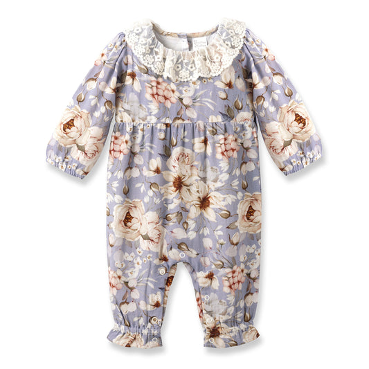 Barboteuse pour bébé en lin vintage à fleurs bleues avec col en dentelle