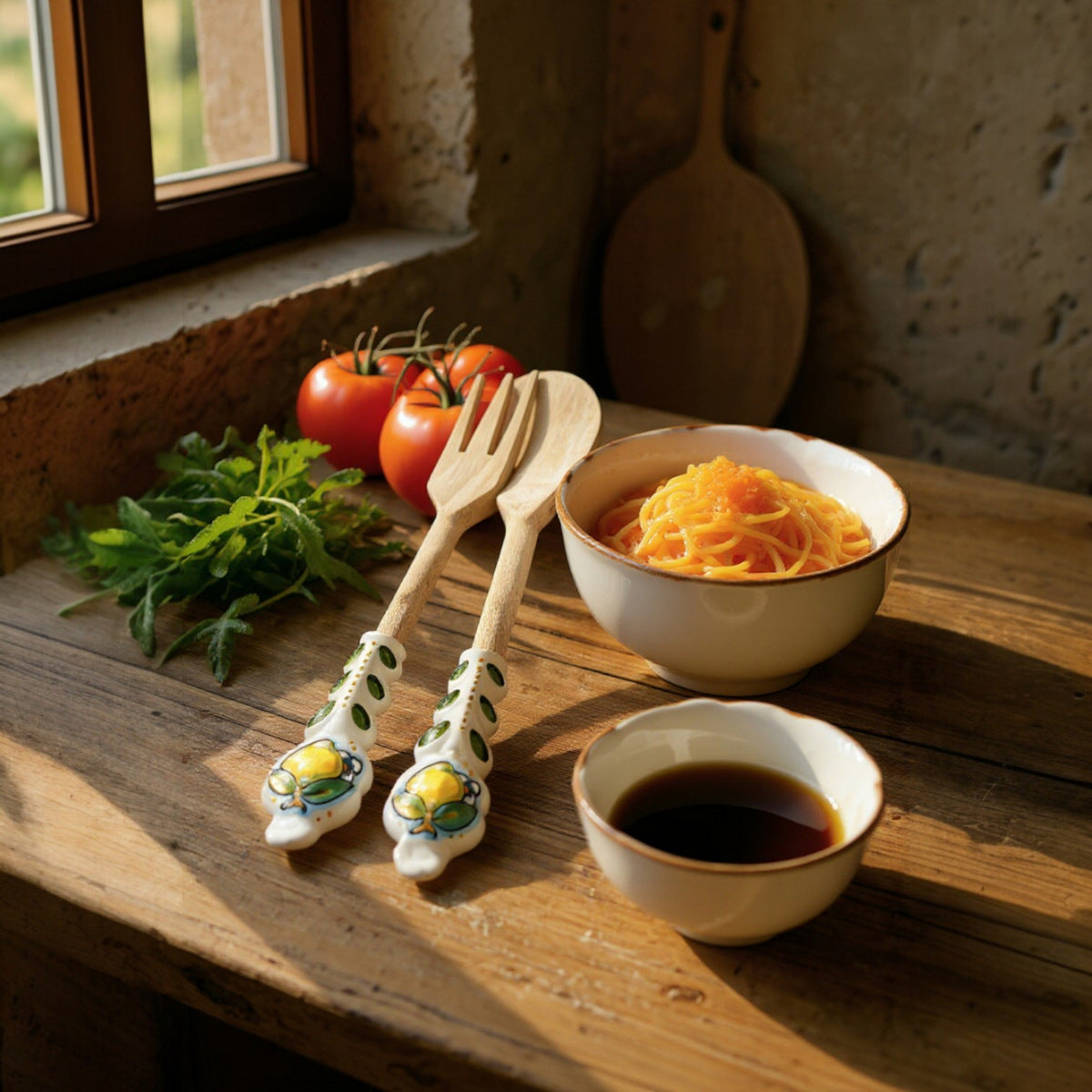 UTENSIL SET: LEMON Design - Hard Wood with Hand Painted Ceramic Handle (Pair Set)