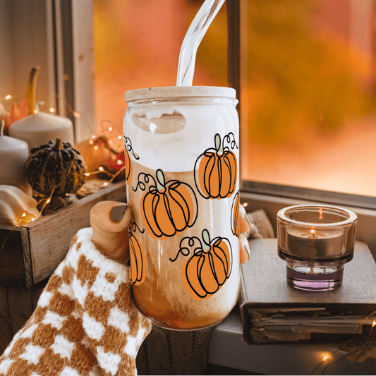 Gobelet à café glacé en verre citrouille – Gobelet à café glacé de 473 ml avec couvercle et paille