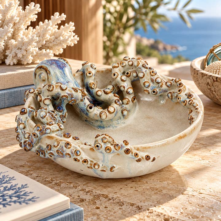 Octopus Ceramic Bowl Cream Soft Blue