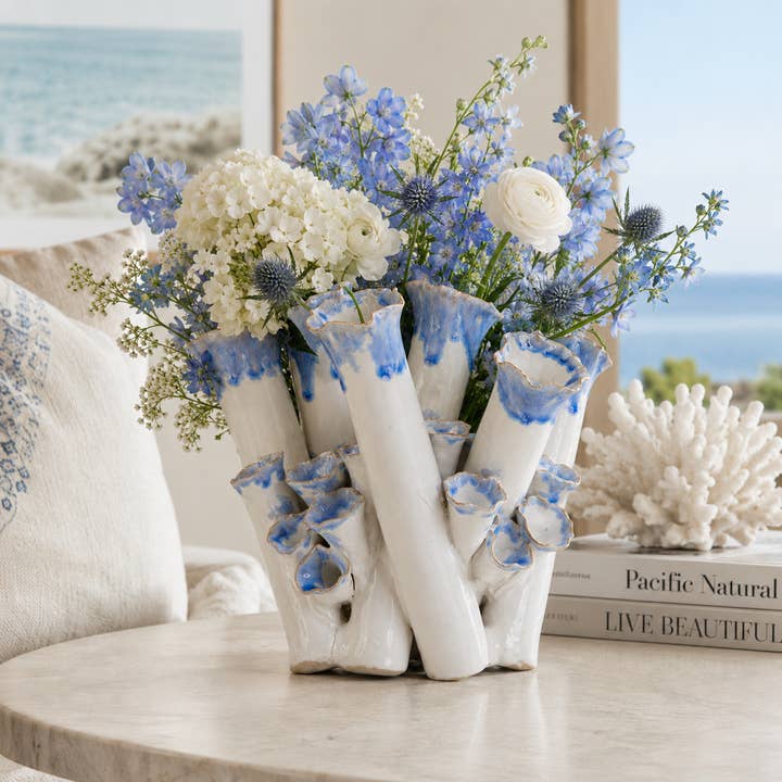 Sea Coral Blue and White Ceramic Vase