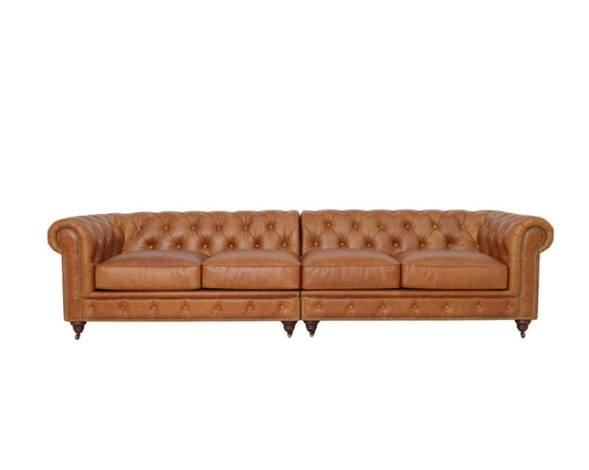 Canapé Chesterfield Belgravia en cuir pleine fleur avec dossier capitonné et accoudoirs enroulés