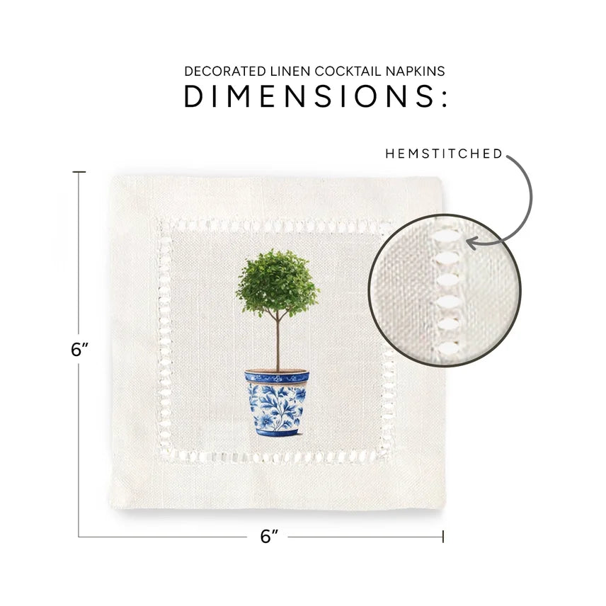 Chinoiserie Topiary Pot Hemstitch Napkins (Set of 6)