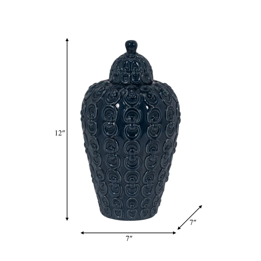 Blue Ceramic Chain-Textured Decorative Jar with Lid – 12"