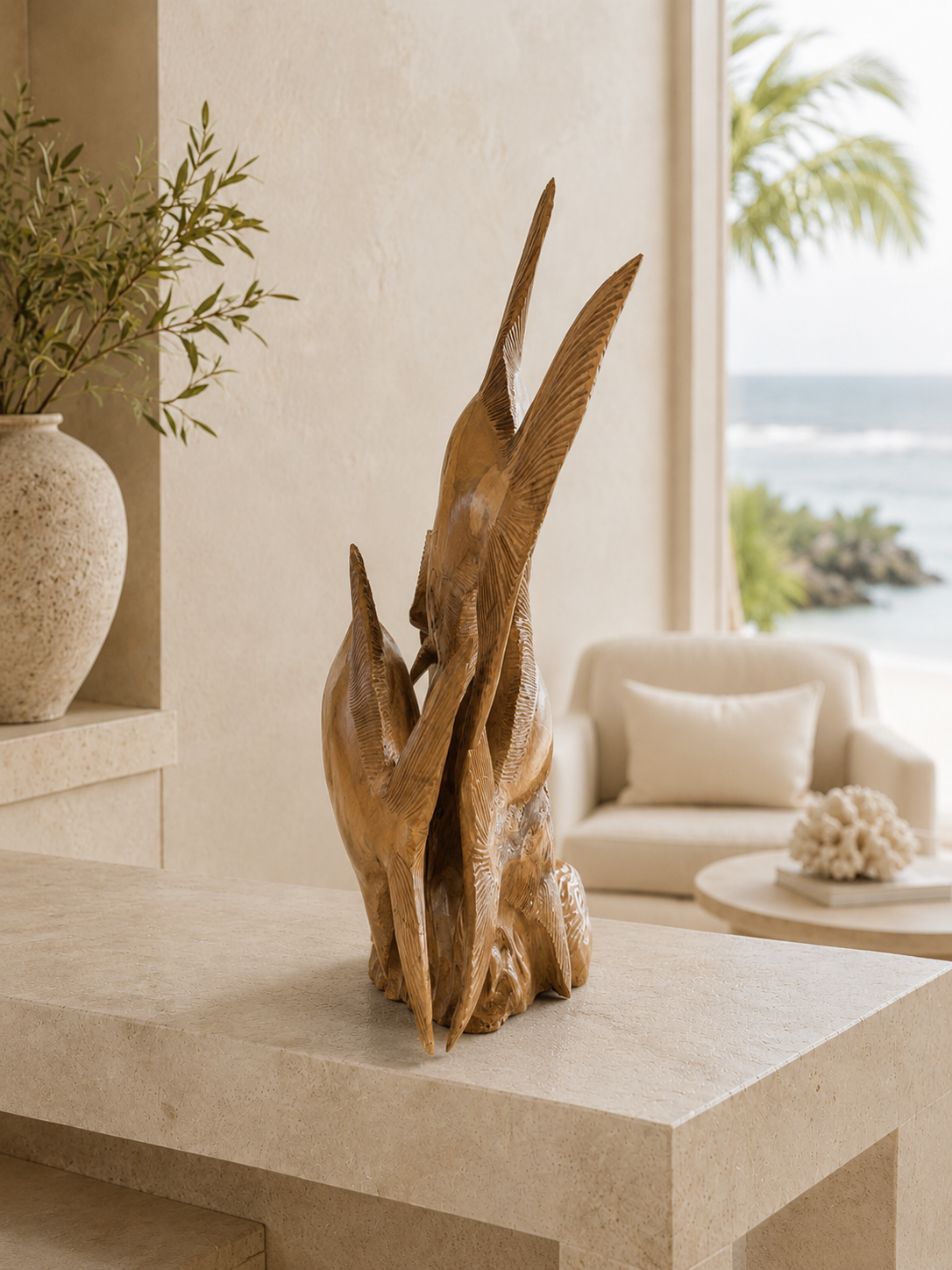 Twin Current Hand-Carved Teak Permit Sculpture