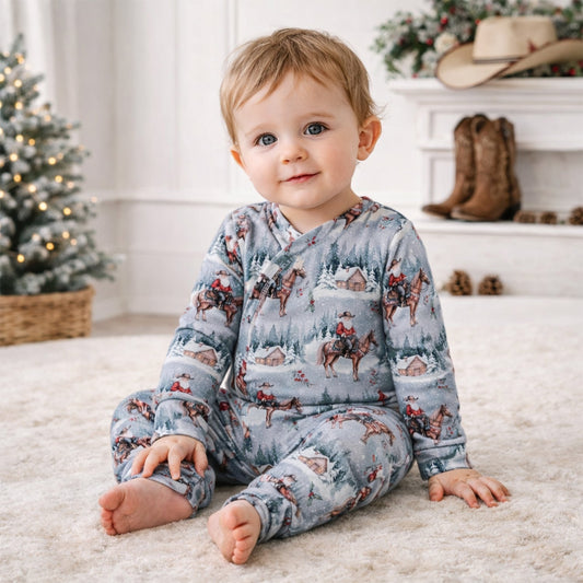 Grenouillère zippée en bambou Cowboy Christmas - Poignets convertibles