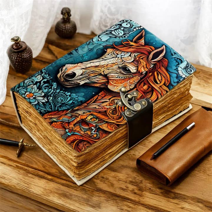 Horse Vintage Cowboy Leather Journal with Lock MNM HANDICRAFTS 17.8 cm