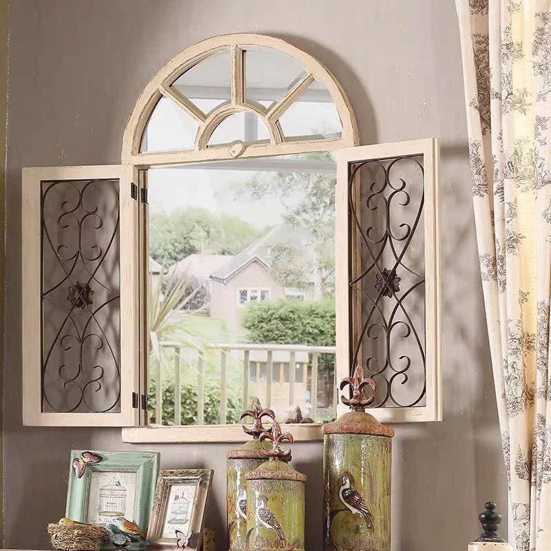 Elegant Large Grey Wooden Window Pane Arch Wall Mirror
